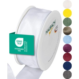 Halbach Seidenbänder Premium Gift Ribbon with Wired Edge, Width 40 mm, Length 25 m, Oeko-Tex 100 Certified Ribbon, Taffeta Ribbon, Made in Germany, Colour: White