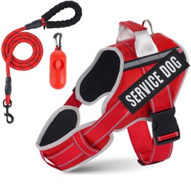 Neck Padded Dog Vest Harness and Leash Set, No Pull Adjustable Service Pet Harness with 8 Dog Patches, Reflective in Training Easy Control Pet Vest with 5ft Dog Leash for Small, Medium & Large Dogs