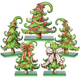5 Pcs Christmas Table Decorations Wooden Christmas Table Top Centerpieces Whimsical Lime Green Xmas Tree Sign Ornaments for Holiday Party Office Home Farmhouse Mantel or Tiered Tray Decorations