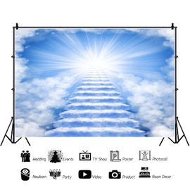 DORCEV 10x8ft Heaven Backdrop Stairs to Heaven Paradise God Bless Backdrop Banner Heaven Sent Theme Background Decor Holy Light Blue Sky Clouds Church Events Memory Backdrop Rest in Peace Backdrop
