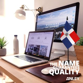 ANLEY Dominican Deluxe Desk Flag Set - 6 x 4 Inch Miniature Dominican Desktop Flag with 12" Solid Pole - Vivid Color and Fade Resistant - Black Base and Spear Top