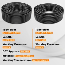 CheeMuii 2 Roll Pneumatic Tubing Kit 100 FT 1/4" DOT Air Line and 50 FT 3/8" DOT Air Hose Kit 46 Meter 1/4 and 3/8 Inch PA12 Nylon Pneumatic Air Tubing Pipe Hose Line