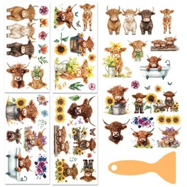 BEUNITONE 4 Sheets Highland Cow Rub on Transfers for Crafts Farmhouse Sunflower Furniture Transfer Stickers for Wood Cute Animal Floral Furniture Decals for Home Office Paper Wood DIY Crafts 6"x12"