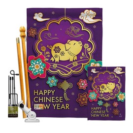 Angeleno Heritage Lunar New Year Blessings in of The Pig Garden House Flags Kit Winter Good Luck Prosperous Seasonal Arrival Blessing Small Decorative Gift Yard Banner Made USA 28 X 40