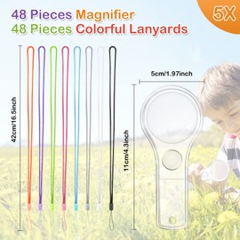 48Pcs Magnifying Glass for Kids Plastic Magnifier 5X Mini Hand Lens with 48 Lanyards for Science Class Reading Party Outdoor Observation Activity IRCHLYN