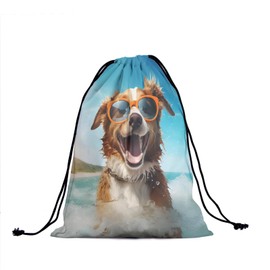 Nerxy Fun Dog Gymnastics Grip Bag - Puppy Grips Bag Dog with Glasses Drawstring Storage Bags Sea Beach Pet Towel Bag