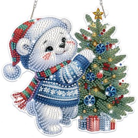 Bowetile Christmas Diamond Art Hanging Kits for Adults Kids, Diamond Art Suncatchers Polar Bear, 5D Special Shape Diamond Painting Pendant Window Ornament Christmas Gifts for Home Door Wall Decor