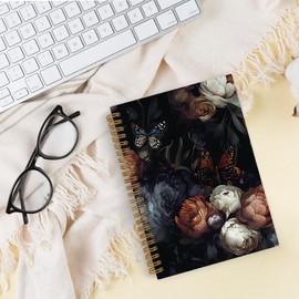 QLMX Vintage Moody Peony Floral Spiral Notebook, Dark Cottagecore Butterfly Journal Notebook, Dark Academia Flower Notebooks for School Work, Witchy Floral Office Supplies Gifts for Women, 5.5x8.3