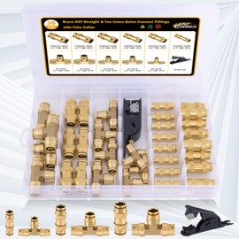 CheeMuii 35 PCS Brass DOT Air Line Fittings Kit 1/4 3/8 1/2 DOT Quick Connect Air Fittings Straight & Tee Union Push to Connect Air Hose Fittings for Semi Truck Trailers Air Brake System