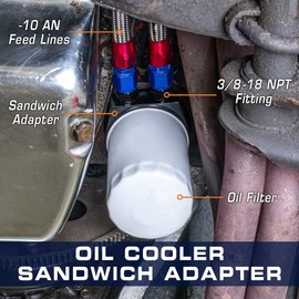 GlowShift Oil Cooler Sandwich Adapter Compatible with Chevy Small Block 305/350-13/16-16 Thread - Install Oil Pressure & Temp Sensors - Includes O-Ring, Port Plugs & Oil Feed/Return Line Fittings