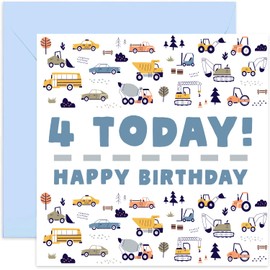 Old English Co. 4th Birthday Card for Boy or Girl - Fun Car Lorry Van Birthday Card for Child - Fourth Birthday Card for Him or Her - Age Four Colourful Vehicle Birthday Card | Blank Inside Envelope