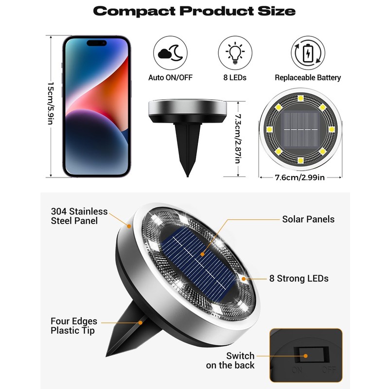 btfarm 16 Pack Solar Lights Outdoor, 8 LED Solar Ground