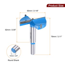 sourcing map Forstner Drill Bits 2-1/6 inch / 55mm Round Shank 2/5 inch, Carbide Forstner Bit Woodworking Hole Opener Cutter Tool for Wood Drilling/Cabinet Hinges, Blue