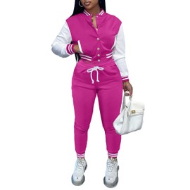 Fooullaide Women's Varsity Jacket Sweatsuit 2 Piece Tracksuit Crop Top Button Down Letterman Jackets Pants Sets