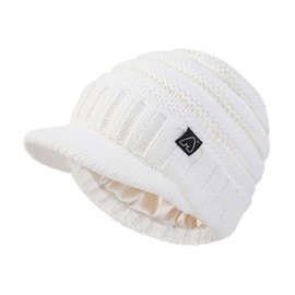 Hat Hut Beanie Hats for Women Men Satin Lined Winter Hats for Women Slouchy Beanies Satin Lined Beanie with Brim Visor (White)