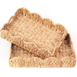 Scalloped Basket, Scalloped Tray, Water Hyacinth Tray(17 x 13 x 3in) with Scalloped Edge and Built-in Handles, Rectangle Serving Tray/Woven Tray/Basket Tray/Seagrass Tray (Water Hyacinth - 2 PCS)