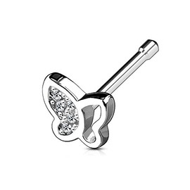 eeddoo Crystal Clear Silver Stainless Steel Butterfly Nose Stud, Stainless Steel, Cubic Zirconia