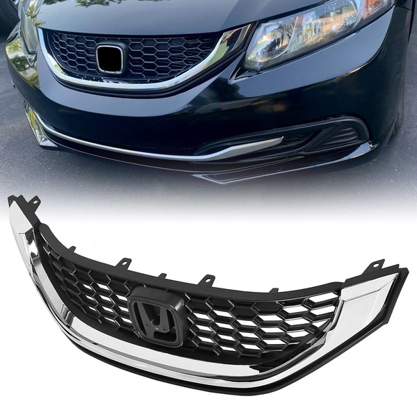 HECASA Front Bumper Grill Compatible with 2013 2014 2015 Honda Civic Sedan 71121TR3A01 HO1200216 (Grille) 71122TR3A01 HO1202109 (Molding) Honeycomb Bumper Hood Grille