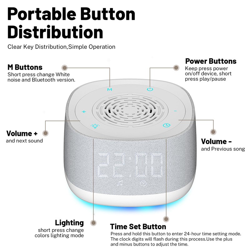 Sound Machine & Clock with Bluetooth 5.4, 14 Soothing White