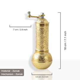 Glios Decorative Handmade Coffee Grinder, Refillable Turkish Spice Mill, Manual Coffee Mill with Handle, Coffee Grinder Metal with Hand Crank 18 cm-7.1 inch