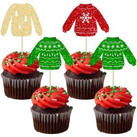 24Pcs Christmas Ugly Sweater Cupcake Toppers Green Red Glitter Santa Claus Christmas Tree Snowflake Cupcake Picks for Merry Christmas Theme Holiday Party Supplies