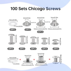 KUKUJIWA 100 Sets of Book Screws Stainless Steel Nckel-Free, Belt Rivets for Screwing, Rivets for Leather, M5 x 4/6/8/10/15 mm Kit 5 Sizes Accessories Nails Rivets Chicago Button for Belt Bags DIY