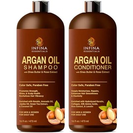 INFINA ESSENTIALS Set de Champú y Acondicionador de Aceite de Argan para Hombres y Mujeres - Juego de Champú Acondicionador Hidratante y Nutritivo