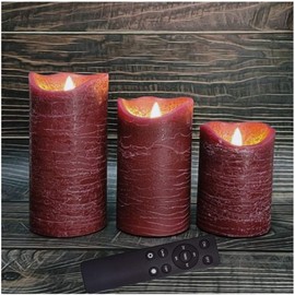 Battery Operated Flameless Led Candles Real Wax Pillar Candles with Remote Timer Electric Flickering decorative Burgundy Wax Candles for Home Wedding Party Centerpiece Decor 3 Pack 3”X 4”, 5”, 6”