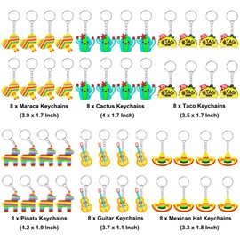 CiciBear Paquete de 48 recuerdos de devolución de fiesta mexicana con piñata, sombrero, cactus, taco, guitarra y maraca llaveros para fiesta mexicana, fiesta de cumpleaños mexicana, fiesta de