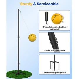 Ansionsol Heavy Duty Tetherball Sets with Ball & Rope for Backyard, Adjustable Iron Sleeve Tetherball Equipment for Outdoor Playground, Tether Ball Pole with 5-Prong Base for Dogs/Kids/Adults