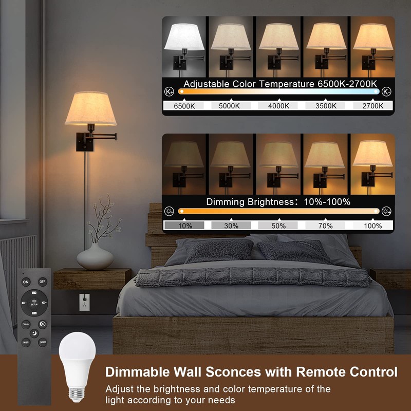 TRLIFE Wall Sconce Plug in, Remote Control Dimming 10-100% and