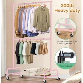 SLEEPING LAMB Double Rod Heavy Duty Clothes Racks for Hanging Clothing, Metal Rolling Garment Rack With Wheels Clothes Hanger Rack Wardrobe Racking for Coats, Shirts (Pink)