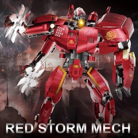 HIGH GODO Storm Mech Building Blocks Set for Adults，Red Armor Robot Model Building Kit with Weapons and Flame Shape Base, 1742 Pieces Hard Core Collectible Gifts for Movie Fans Man Boys