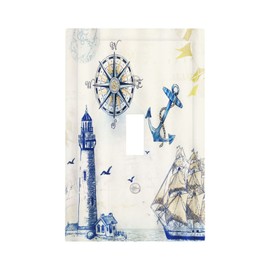 Spshian Nautical Sailboat Lighthouse Compass Anchor Single Toggle Light Switch Cover Plate Decorative 1 Gang Wall Plates Cover Rustic Electrical Device Switchplate Faceplate for Country Bathroom Decor