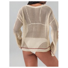 BEAUDRM Women's Number Letter Graphic Sweater Hollow Out Crochet V Neck Pullover Long Sleeve Oversized Knit Tops Apricot Large