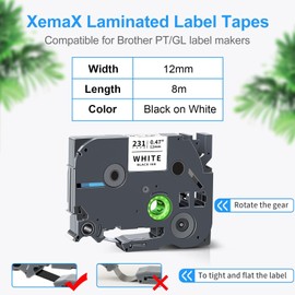 4x XemaX Label Tape Compatible for Brother Label Printer Tape 12mm TZe-231 TZ-231 P-Touch Black on White Label Tape Cassette for Brother P-Touch Labeller PT-E110 H100R H110 H101C H108 E100 H100LB H105