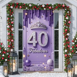 40 and Fabulous Decoration Women Purple 40th Birthday Door Cover Banner Decor Forty Party Backdrop Welcome Porch Sign Queen Tiara Crown Glitter Diamond Background Photo Prop for Milestone Birthday
