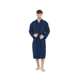 BAGNO MILANO Mens Waffle Robe – Lightweight Cotton Blend Waffle Bathrobe Men for Spa, Made in Turkey, Navy Small