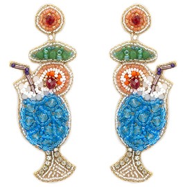 Emulily Beaded Blue Cocktail Glass Post Earrings Handmade Blue Cocktail Earrings Blue Lagoon