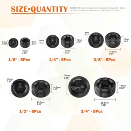 Rustark 25 Pcs Carbon Steel Pipe Plugs Assortment Set with 1/8" 1/4" 3/8" 1/2" 3/4" NPT Pipe Fitting, Countersunk Thread Internal Hex Head Style Male Plug for Water Pump Ports