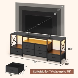 HAUOMS TV Stand for 75 Inch TV, Entertainment Center with LED Light & Power Outlets,63" Industrial TV Console Table with 6 PU Drawers & Open Shelves for Living Room, Bedroom, Black