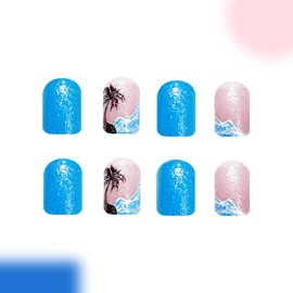 24Pcs Summer Press on Nails Short Square Fake Nails with Sea Wave Coconut Tree Design Acrylic Nails Blue Glitter Glue on Nails Reusable Stick on Nails for Women Spring Summer Nail Art