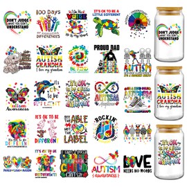 AFRITEE UV DTF Cup Wrap - 25 Sheets Autism Awareness UV DTF Tumbler Wraps for 16 20 oz Glass, Colorful Puzzle Motivational Rub on Transfer Stickers for DIY Coffee Mugs Water Bottle Journal Decorations