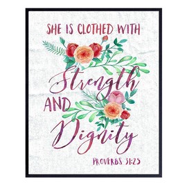 She is Clothed With Strength and Dignity - Christian Wall Decor - Proverbs 31 - Bible Verse Wall Art - Scripture Wall Decor - Inspirational Gift for Women, Girls - Religious Gifts - God Wall Decor