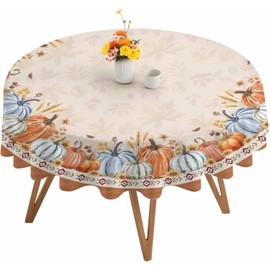 Fall Orange Blue Pumpkins Round Table Cloth 60 Inch, Thanksgiving Holiday Tablecloth Waterproof Stain-proof Oilcloth Washable Reusable Tables Cover for Dinner/Party/Picnic Decoration - Farmhouse Brown