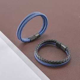 OSKINIA Mens Double Row Leather Bracelet Stainless Steel Braided Cuff Bracelet Wristband Black/Blue Fashon Bracelet Length 23CM Jewelry Gifts for Men/Father/Brother/Friends