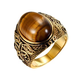 Golden George Tiger Eye Gemstone Rings: Men's Classic Vintage Jewlery Gold Rings Stainless Steel Rings Carved Flower Pattern Oval Gold Rings with Gift Box Sizes 9 inch