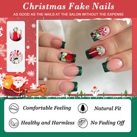 24Pcs Christmas French Green Tip False Nails Short Square Press on Nails Pink Elegant Fake Nails with Candy Cane Gift Box Designs Acrylic Full Cover Winter Xmas Stick on Nails for Women Girls