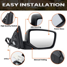 Right Passenger Side Mirror Compatible with Honda Accord Sedan/Coupe 2013 2014 2015 2016 2017 Power Glass Manual Folding Non-Heated Door View Mirrors Replace #76208T2FA11 3 Pins Paintable (Black)
