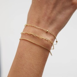 ASCOMY Dainty Gold Bracelets for Women 14K Gold Plated Tiny Paperclip Chain Bracelet for Women Cute Bead Link Box Chain Bracelets Set Layered Bracelet Trendy Gold Jewelry Gift